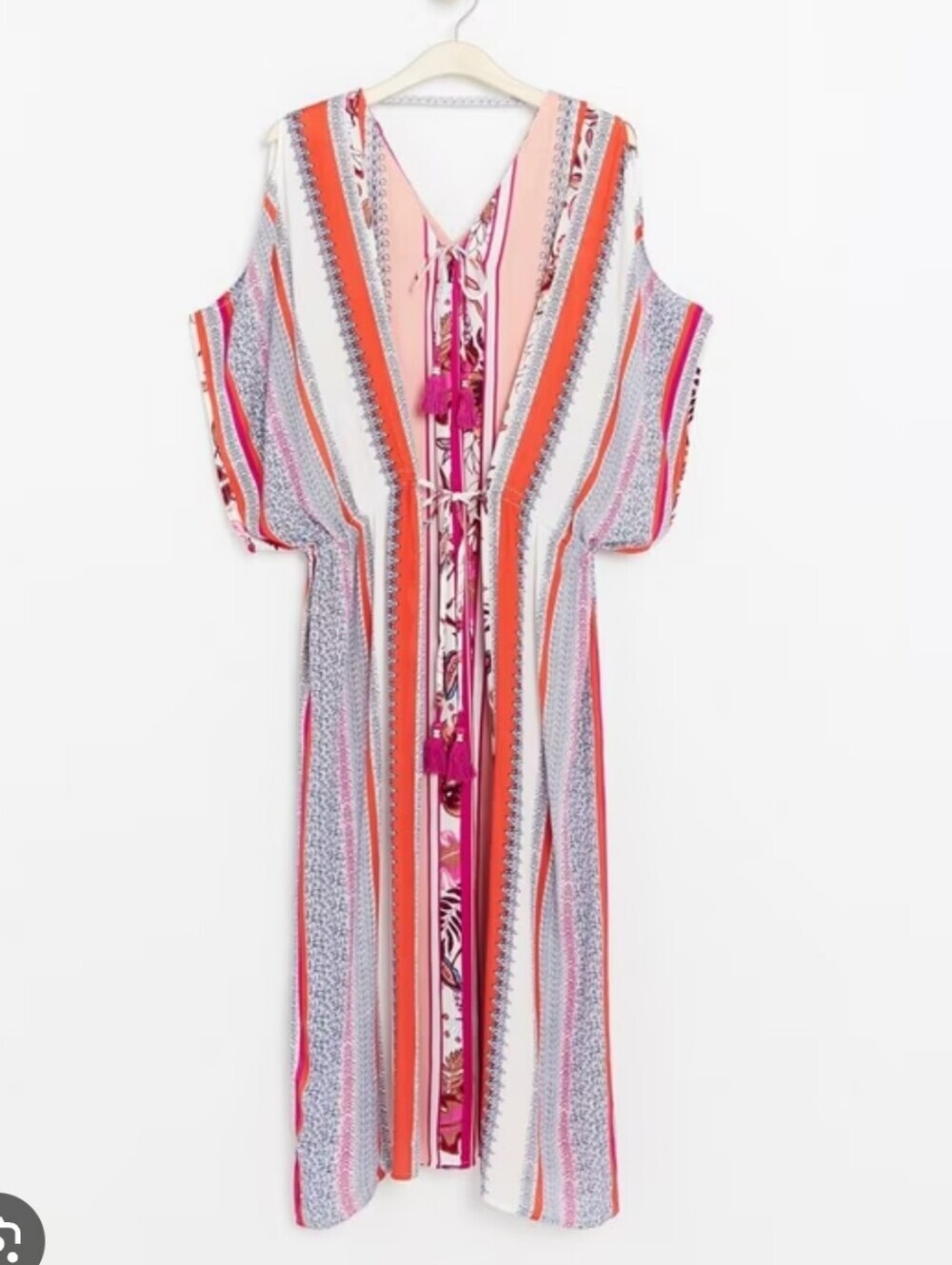 LINDEX | Lång kaftan long off-white viscoze dress colorful stripes Sz OS
